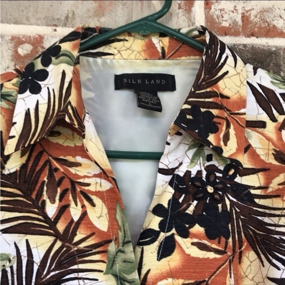 Eddie Bauer Brown and Orange Tropical 3/4 Sleeve Button Down Silk Blazer - Picture 10 of 12